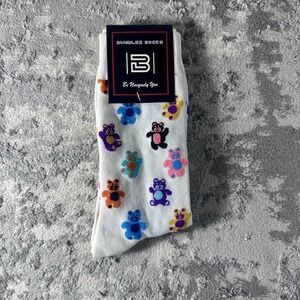 Bundlez Socks White Crew Socks Colorful Teddy Bear Pattern Adult Size New